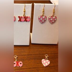 Pink and Gold checkered Heart Earrings with matching bag charm  Set